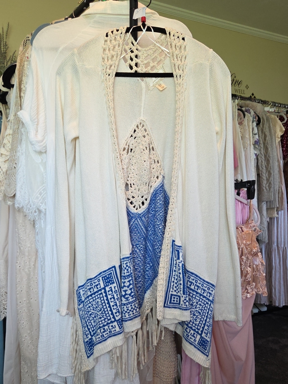 ruby moon Cream Open-Front Knit Cardigan with Blue Embroidery
